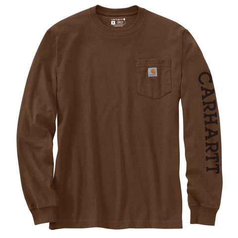 Front of Carhartt men's Irvine Relaxed Fit Duck Badge Graphic long-sleeve tee shirt in red duck heather