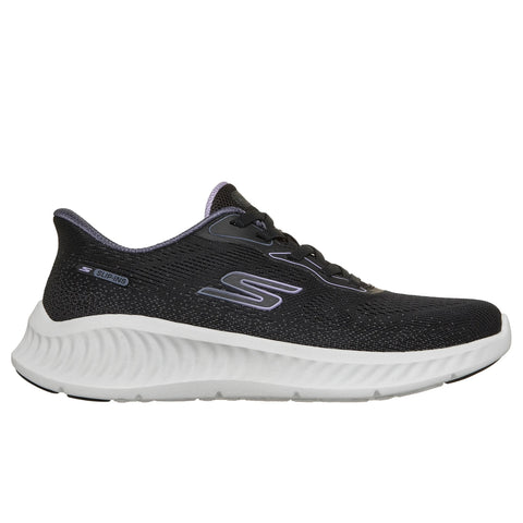 Skechers women's Slip-ins Go Walk Now Parker shoe in black & white side view