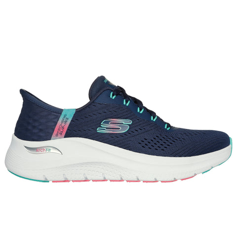Skechers women's Slip-ins Arch Fit 2.0 Easy Chic shoe in navy/turquoise side view