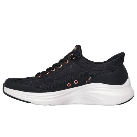 Instep view of Skechers Slip-ins women's Contour Foam - Cozy Fit Golden Hour shoe in black