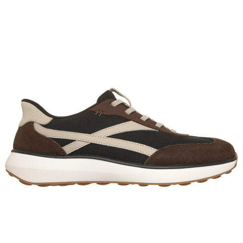 Side view of Skechers Slip-ins women's Montecito shoe in brown & black