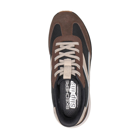 Top view of Skechers Slip-ins women's Montecito shoe in brown & black