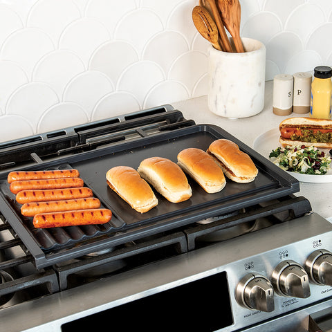 Grilling hot dogs with Nordic Ware Basalt Dual Top Grill Griddle
