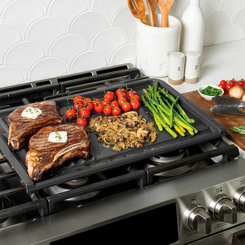 Cooking steaks and vegetables with Nordic Ware Basalt Dual Top Grill Griddle