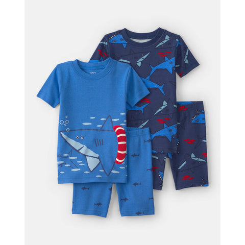 Boys' Short-Sleeve Blue Sharks 4-Piece Pajama Set 1U656310