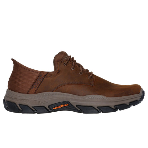 Side view of Skechers men's Slip-ins Respected Garrett shoe in brown