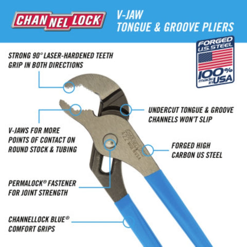 Channellock 9.5 Inch Carbon Steel V-Jaw Tongue and Groove Pliers 422 23061
