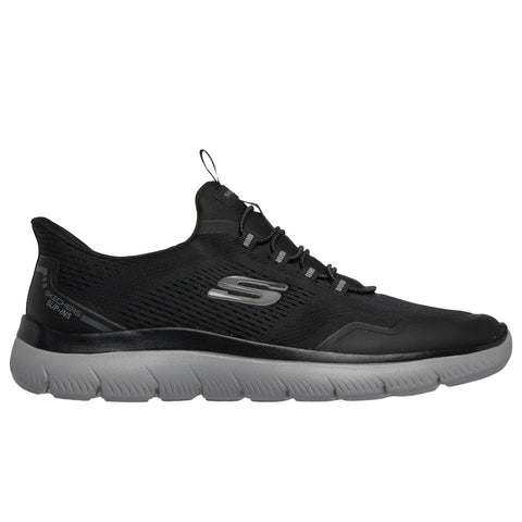 Side view of Skechers men's Slip-ins Summits Top Rate shoe in black & charcoal