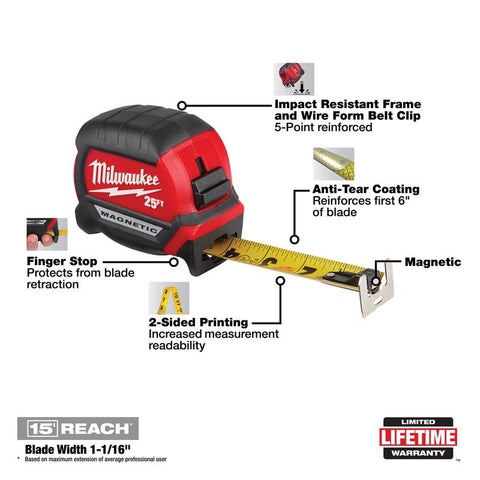 Milwaukee Magnetic Tape Measure, 1/16 in. x 25 Ft. showing features