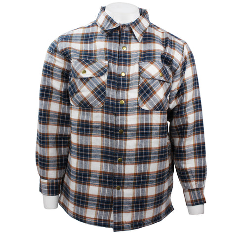 Good Traditions men's Snake River quilted flannel shirt-jacket in blue & tan plaid