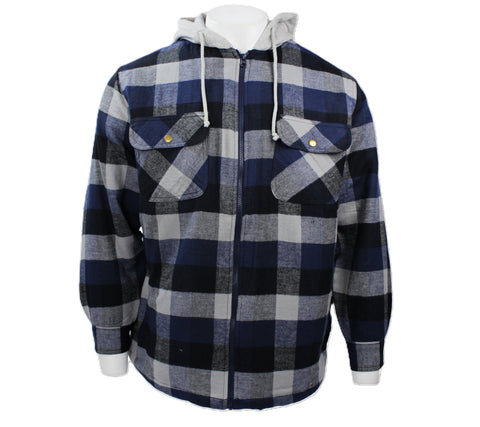 Good Traditions men's Bison hooded quilted flannel shirt-jacket in blue plaid