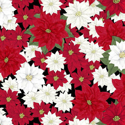 black, Cardinal Charm Collection Packed Poinsettia Cotton Fabric 39928-931