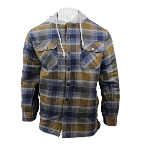 Good Traditions men's Providence quilt-lined hooded flannel shirt in blue & tan plaid