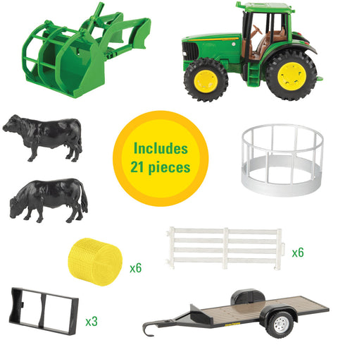 John Deere 1:32 Scale Haying Set, with Tractor, Trailer, Farm Animals and More 47519