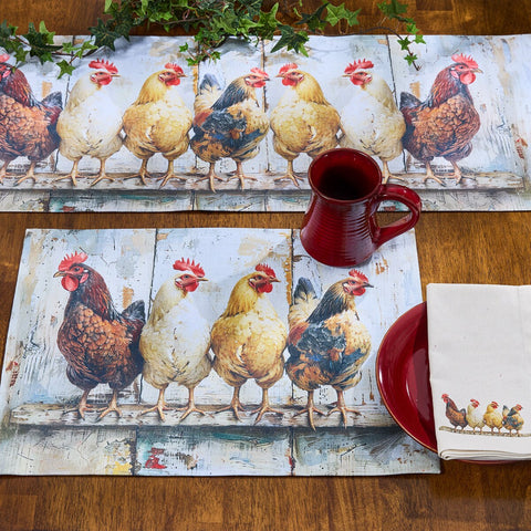 Four Chickens in a Row Table Runner 4889-120 displayed on tabletop