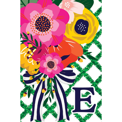 Floral Lattice Monogram garden flag for letter "E"
