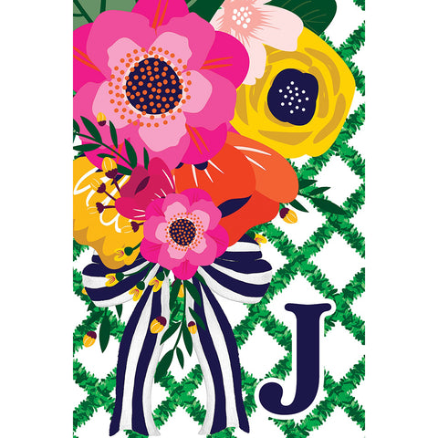 Floral Lattice Monogram garden flag for letter "J"