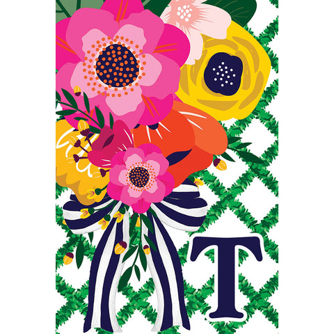 Floral Lattice Monogram garden flag for letter "T"