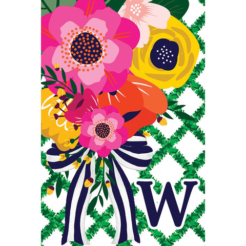 Floral Lattice Monogram garden flag for letter "W"
