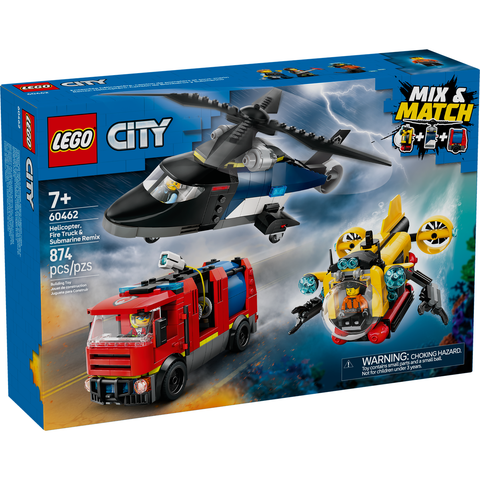 LEGO City Helicopter, Fire Truck & Submarine Remix Toy Building Set 60462
