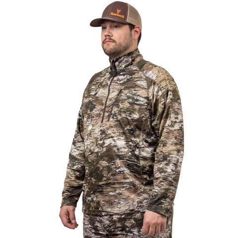 Man wearing Huntworth men's Gadsden Quarter-Zip Lightweight camo hunting shirt