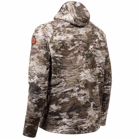 Back of Huntworth men's Grayling Heat Boost Softshell camo hunting hoodie