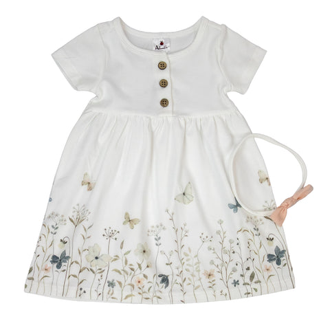 Girls' Floral Border Print Dress with Headband A3009