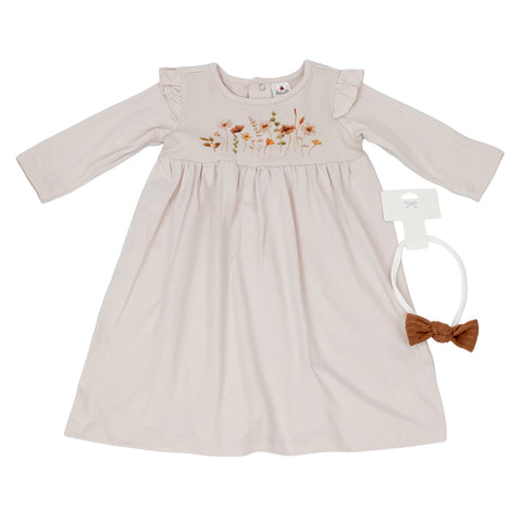 Girls' Long-Sleeve Autumn Floral Dress with Headband A3010