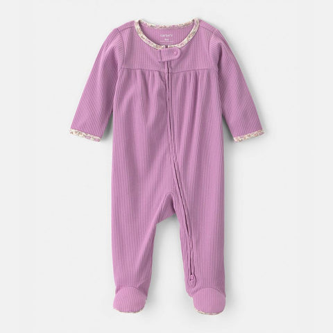 Baby Girl's Purple Trim Ribbed Snug Fit Sleep & Play Pajamas 1V246310