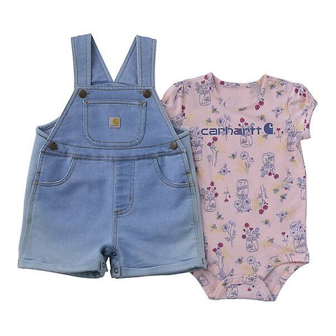 Girls' 2-Piece Short-Sleeve Bee Print Bodysuit and Denim Shortall Set CG9968