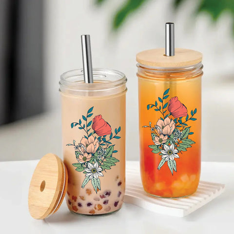 Grace & Joy Company glass cold brew tumbler with color flower design