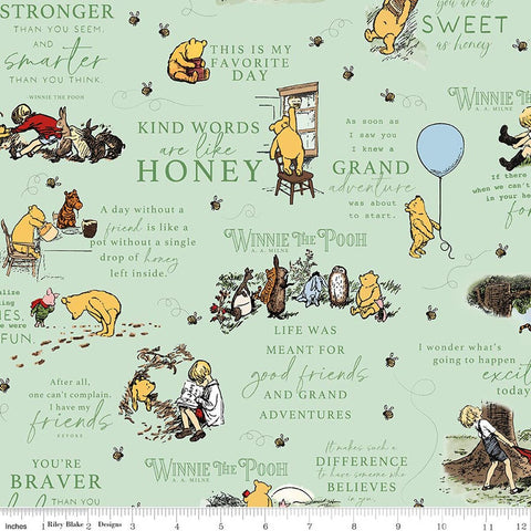 green, Winnie the Pooh Collection Quotes Cotton Fabric F17502