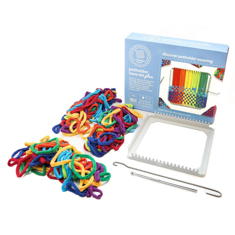 Friendly Loom Potholder Loom Kit Plus showing pieces in the kit