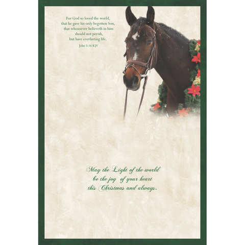 Family Treasures Christmas Pets greeting card showing horse with message