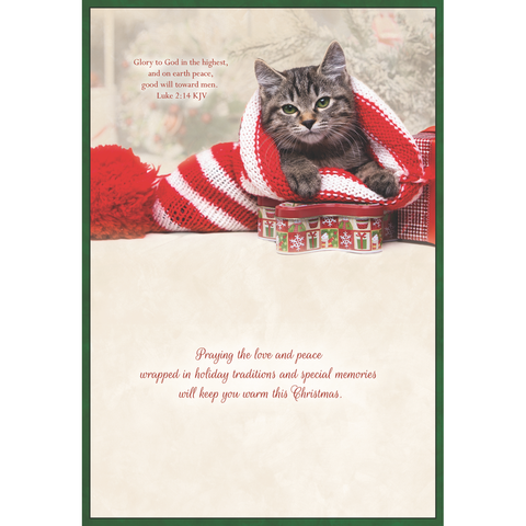 Family Treasures Christmas Pets greeting card showing kitten with message