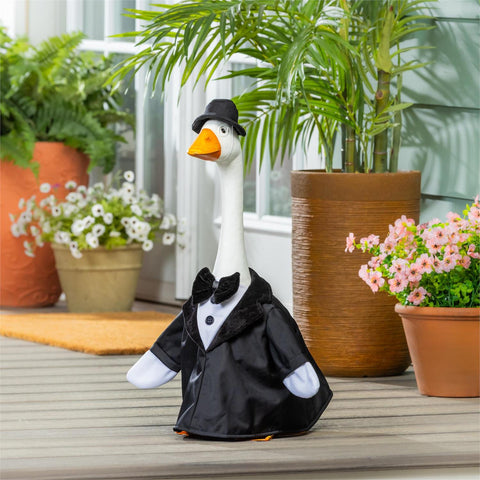 Giddy the Porch Goose dressed in tux