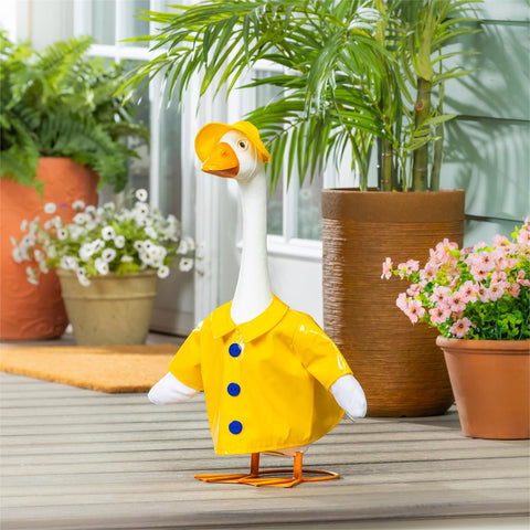 Giddy the Porch Goose dressed in raincoat