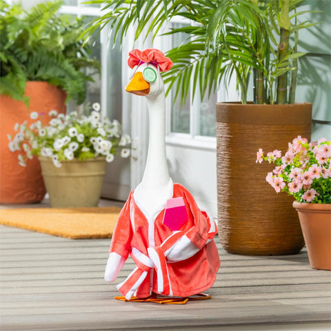 Giddy the Porch Goose dressed in bathrobe