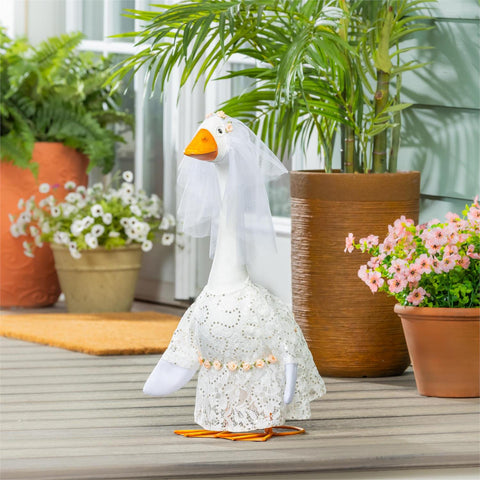 Giddy the Porch Goose dressed in bridal gown