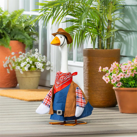 Giddy the Porch Goose dressed in cowboy clothes