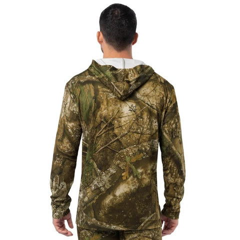 Indera men's micro tech camo hooded baselayer shirt showing back