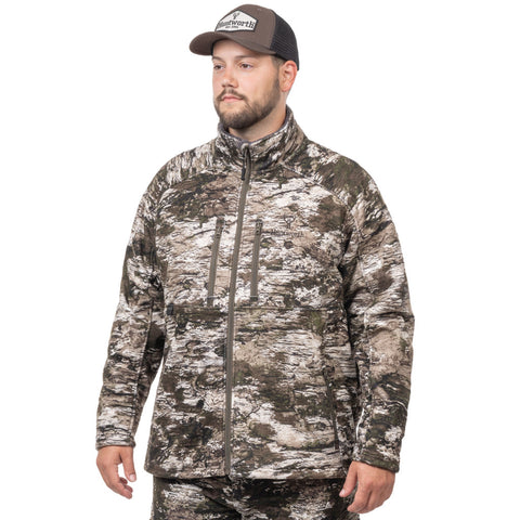 Man wearing a Huntworth men's Ketchikan Softshell Camo Hunting Jacket