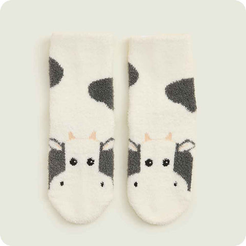 Warmies Cow Children's Plush Crew Socks side by side