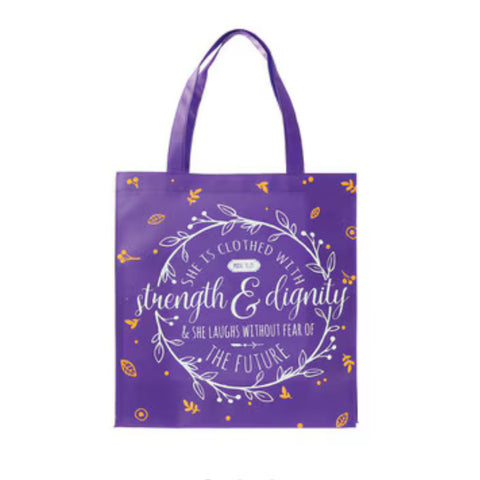 purple reusable shopping bag with writing on side