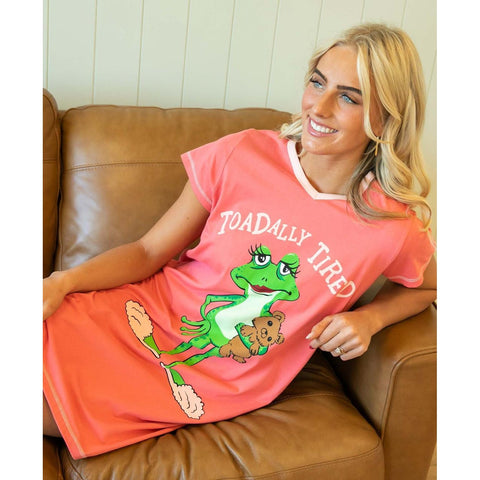 Woman wearing Lazy One Toadally Tired women's nightshirt