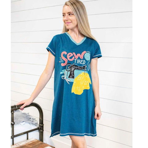 Woman wearing Lazy One Sew Tired women's nightshirt