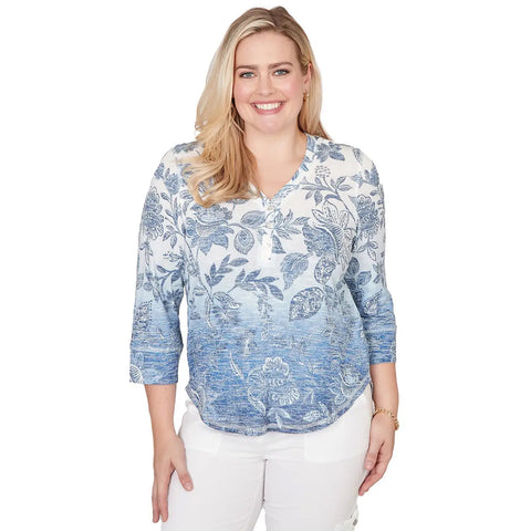 Women's Ombre Batik Floral Henley Top 39150