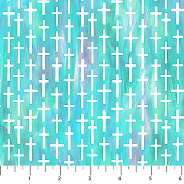 aqua, Risen Collection Tiny Crosses Cotton Fabric DP28663