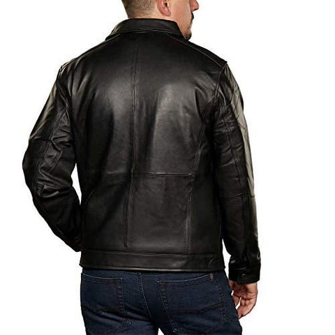 Back of Boston Harbour men's black leather jacket