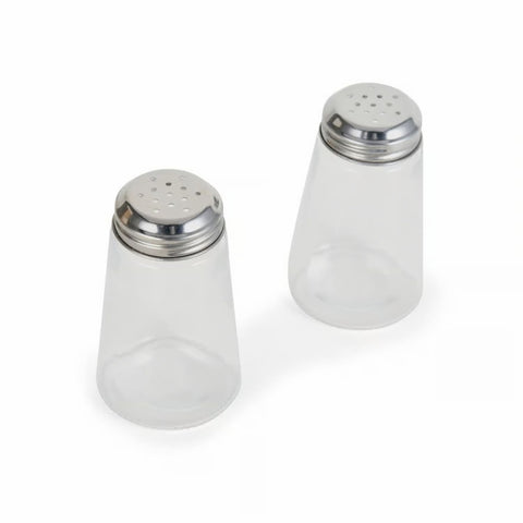 Clear/Sliver Glass Salt and Pepper Set 156-6 displayed on table 